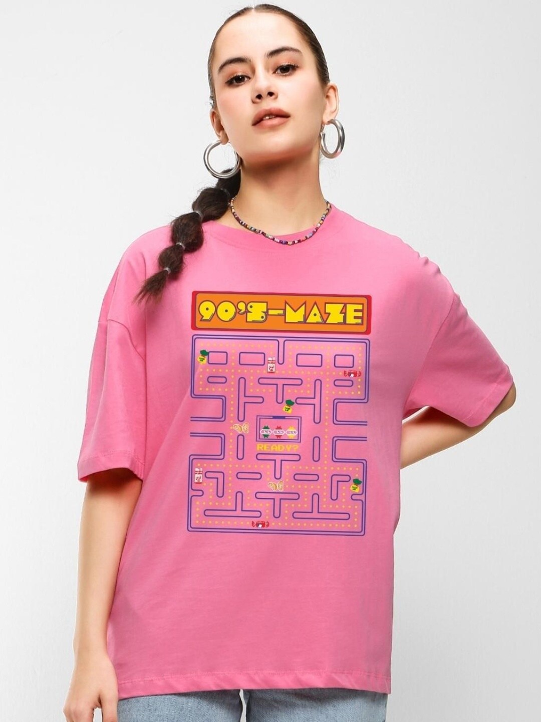 

Bewakoof Graphic Printed Drop-Shoulder Sleeves Loose Cotton T-shirt, Pink