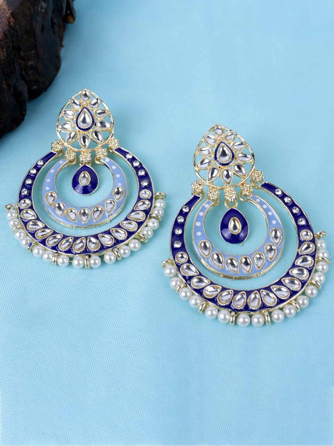

Krelin Gold-Plated Classic Kundan Pearl Meenakari Chandbalis Earrings, Blue