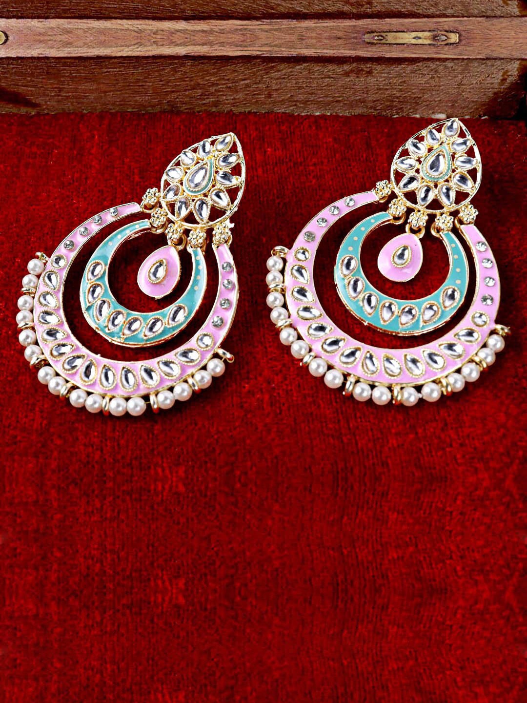 

Krelin Gold-Plated Classic Kundan Pearl Meenakari Chandbalis Earrings, Pink