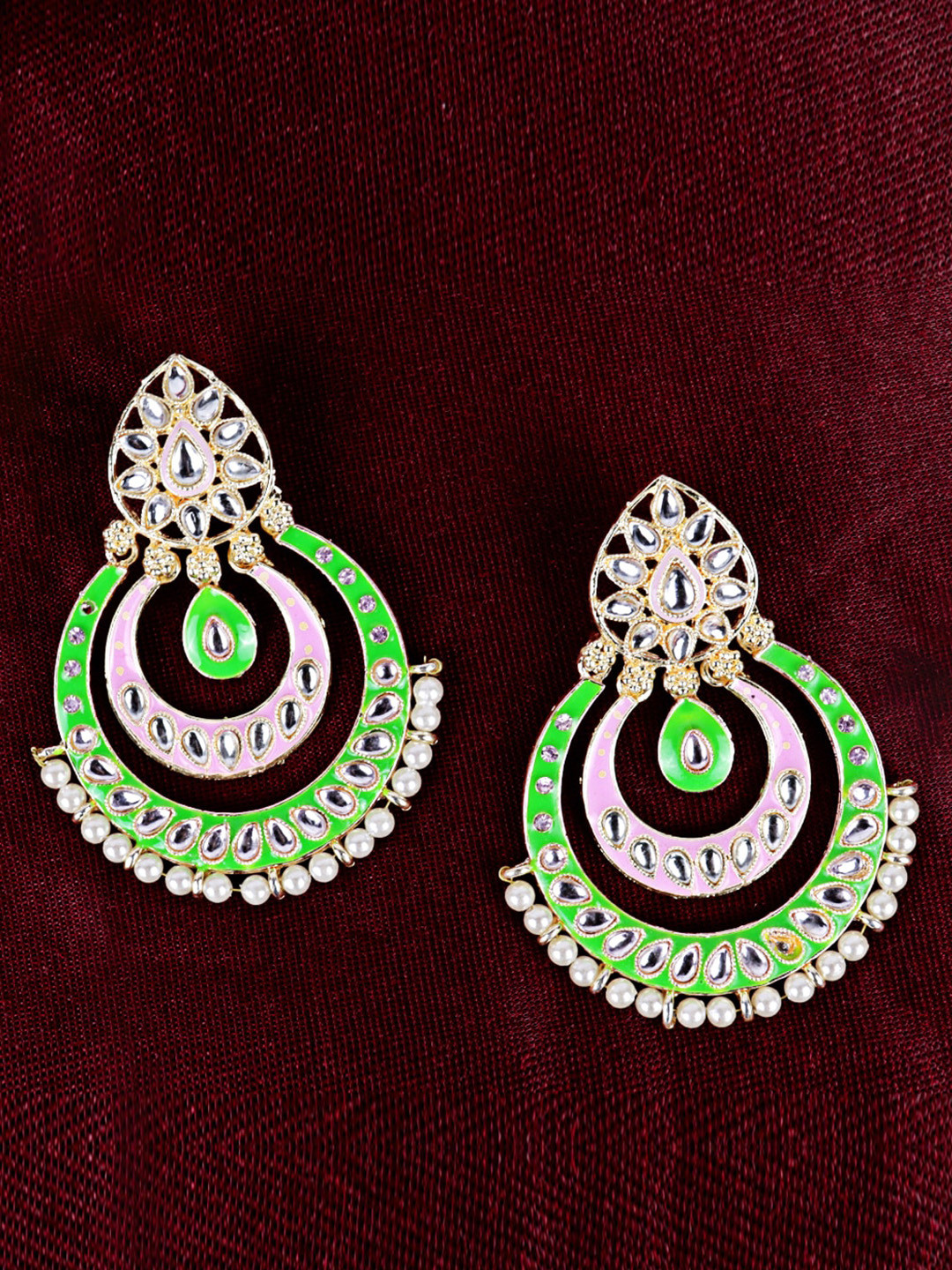 

Krelin Gold Plated Kundan Contemporary Chandbalis Earrings, Green