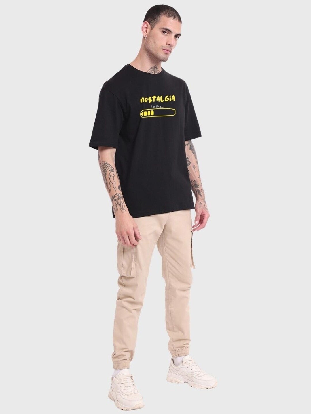 

Bewakoof Cotton Graphic Printed Drop-Shoulder Sleeves Oversized T-shirt, Black