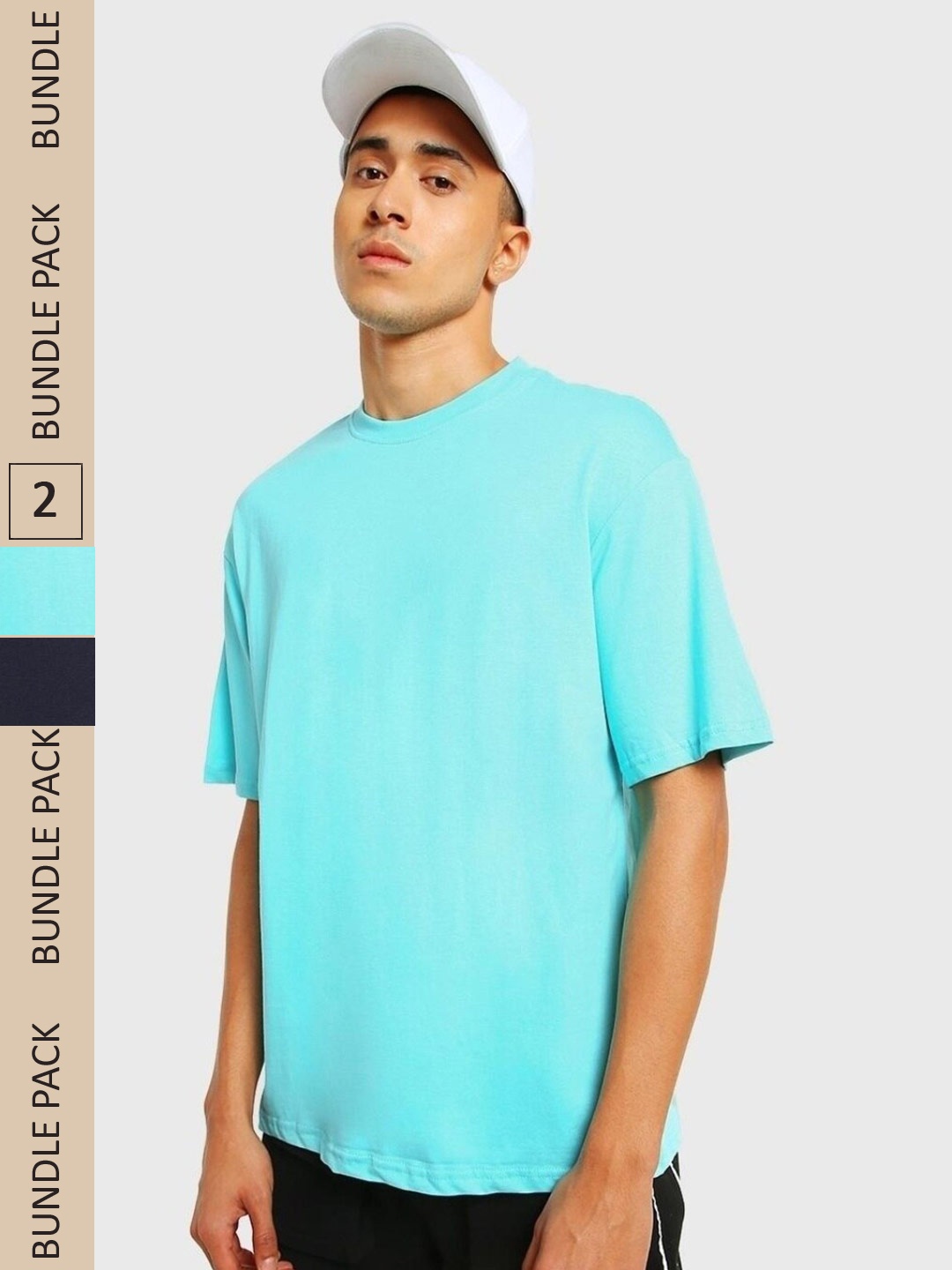 

Bewakoof Men Pack of 2 Drop-Shoulder Sleeves Oversize Cotton T-shirt, Blue
