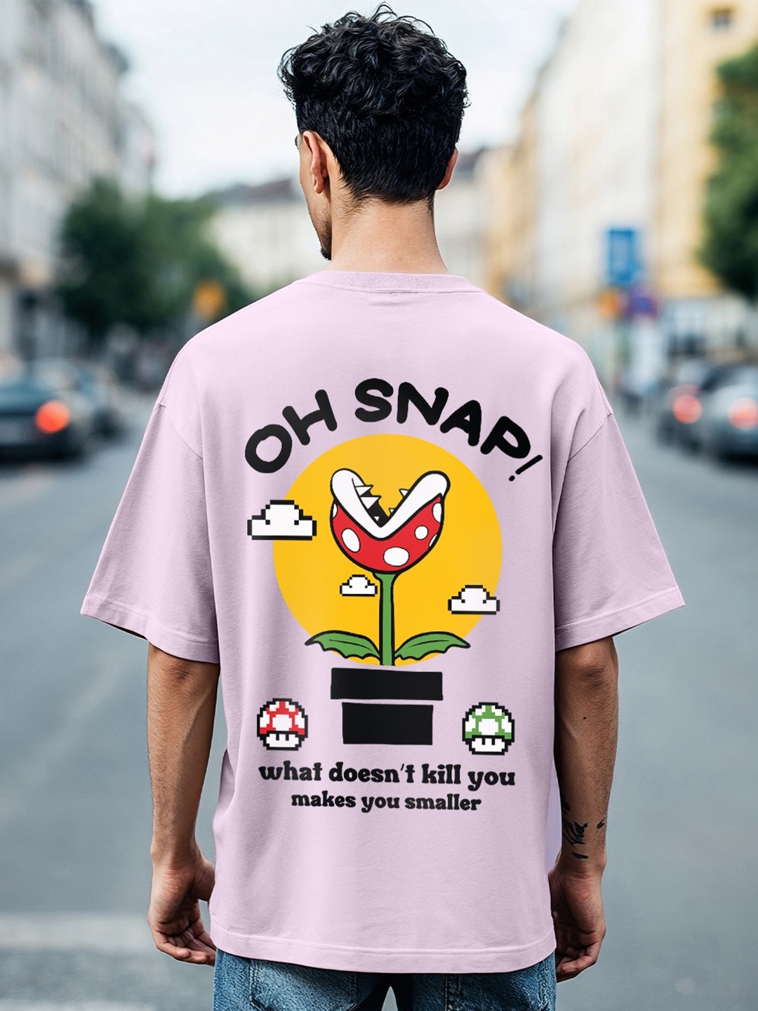 Bewakoof Graphic Printed Drop-Shoulder Sleeves Oversize Cotton T-Shirt, Purple