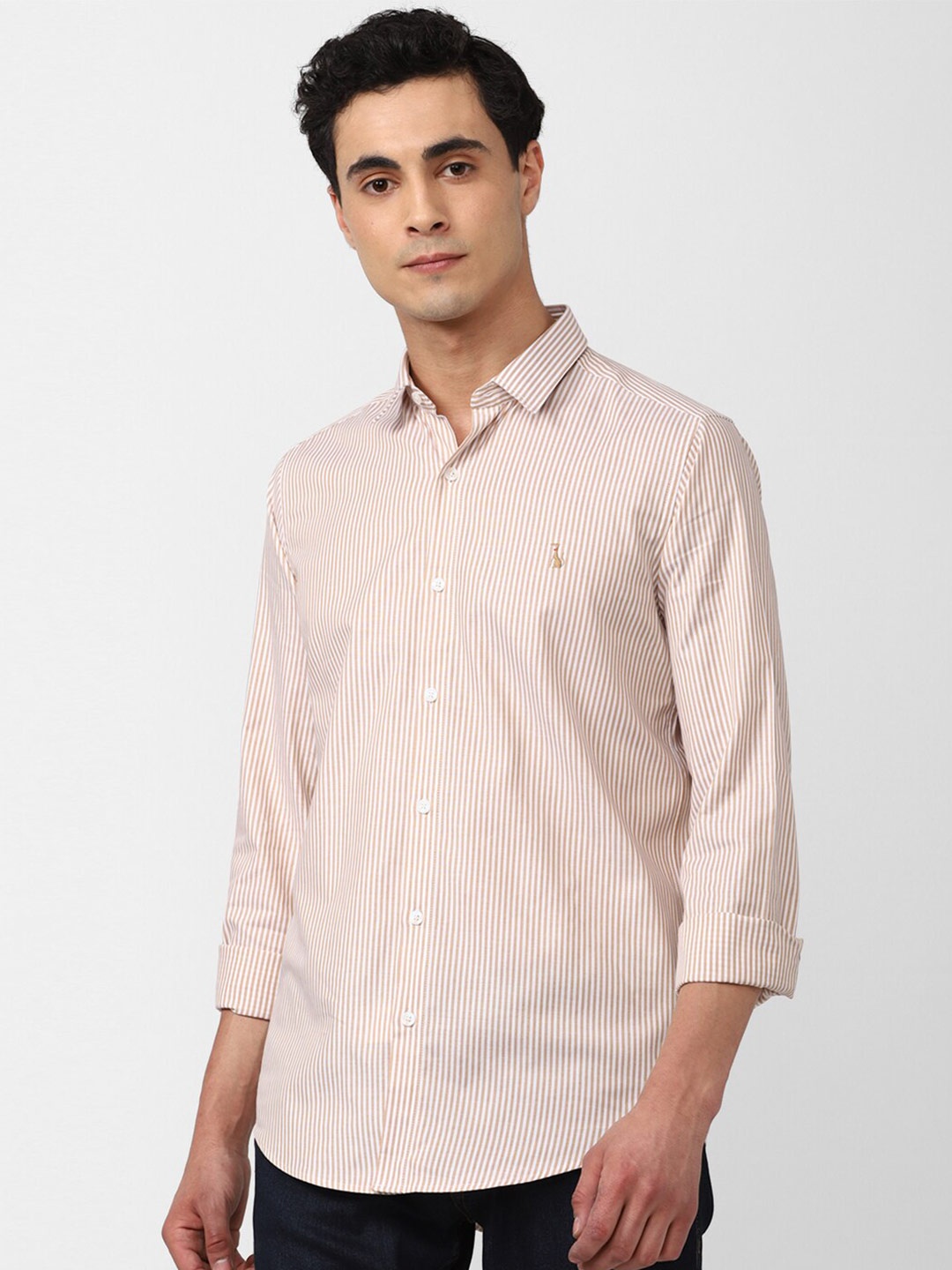

SIMON CARTER LONDON Striped Pure Cotton Casual Shirt, Camel brown
