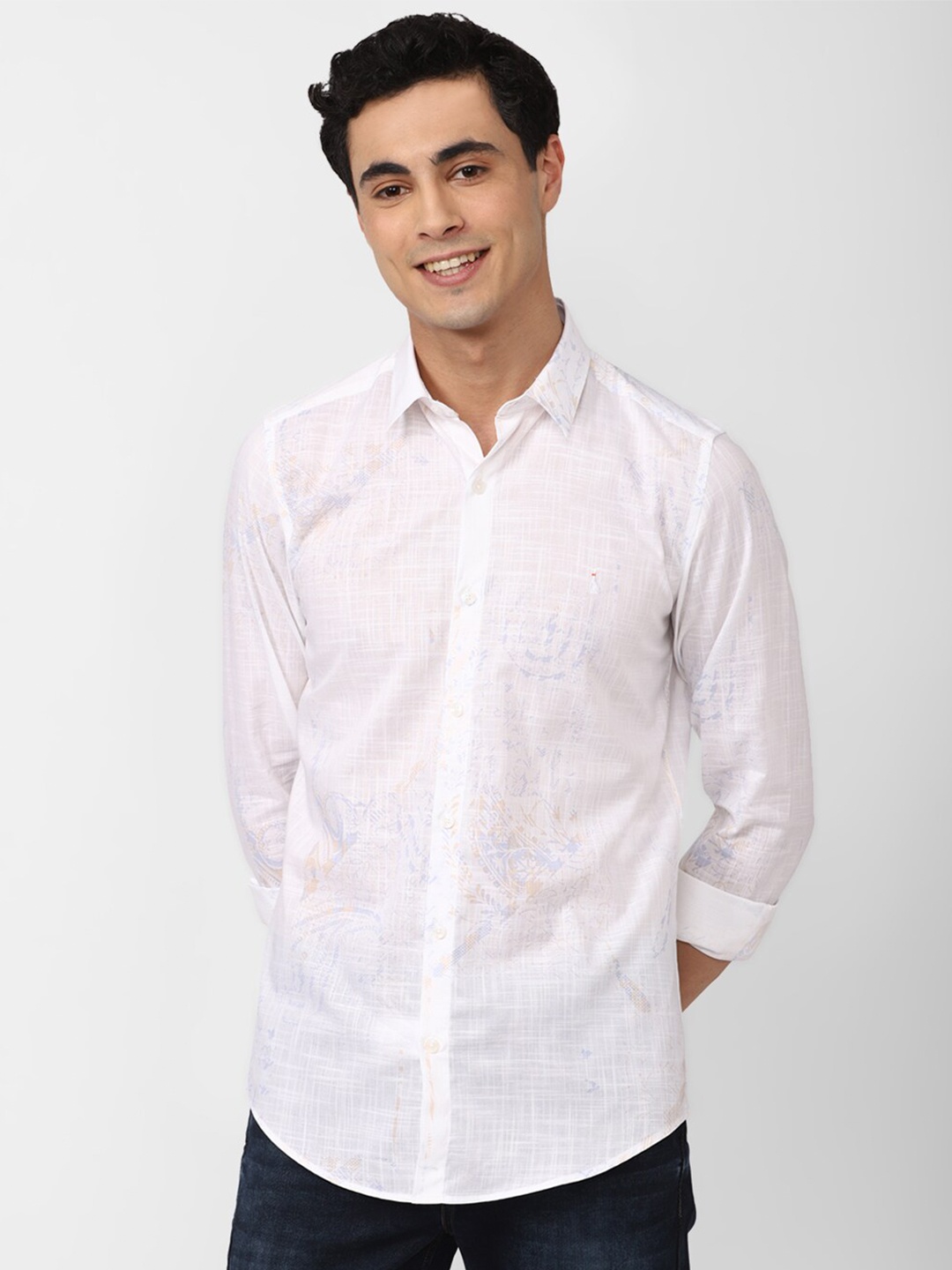 

SIMON CARTER LONDON Ethnic Motifs Printed Pure Cotton Slim Fit Casual Shirt, White