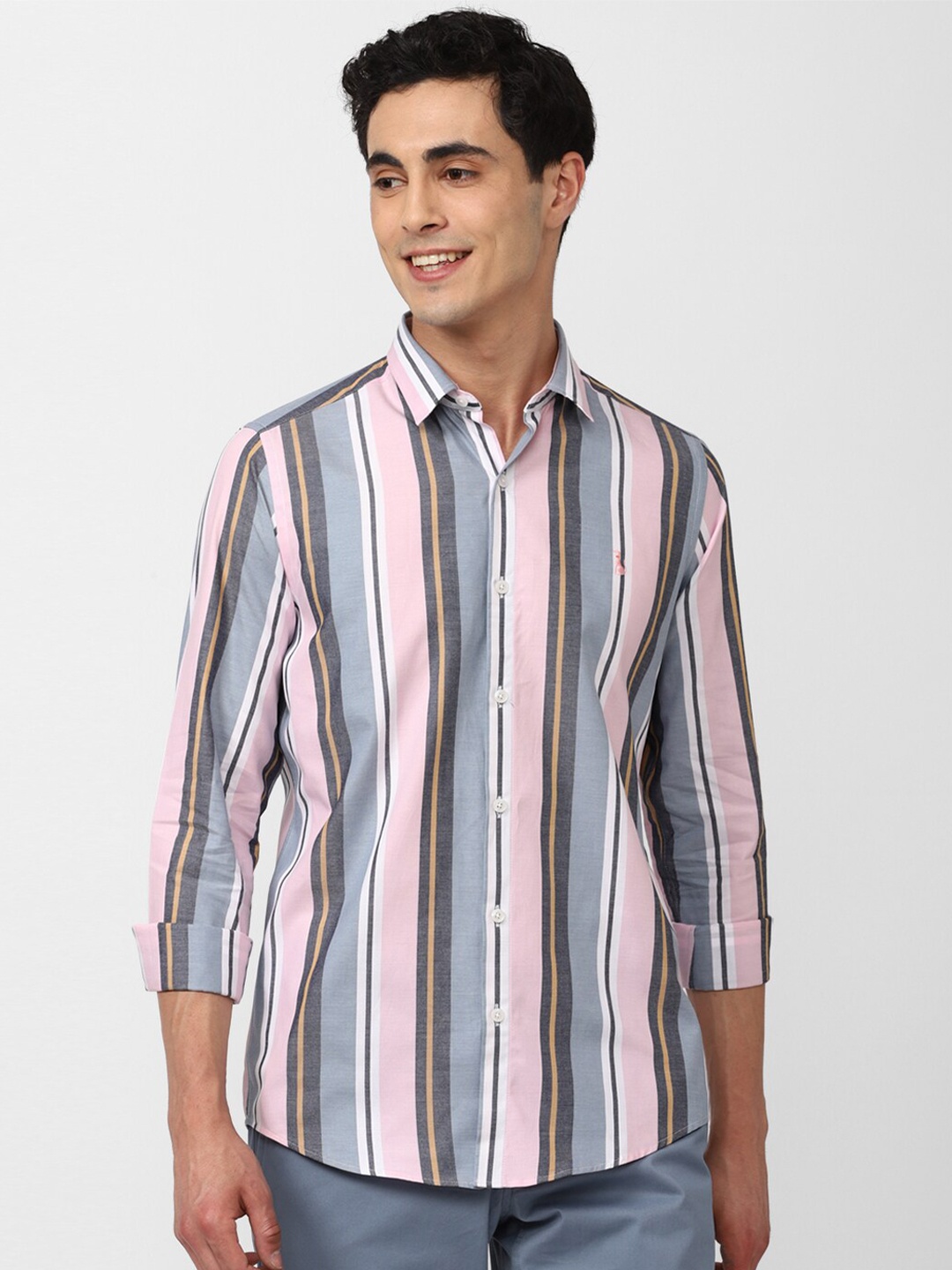 

SIMON CARTER LONDON Slim Fit Multi Stripes Striped Cotton Casual Shirt, Pink