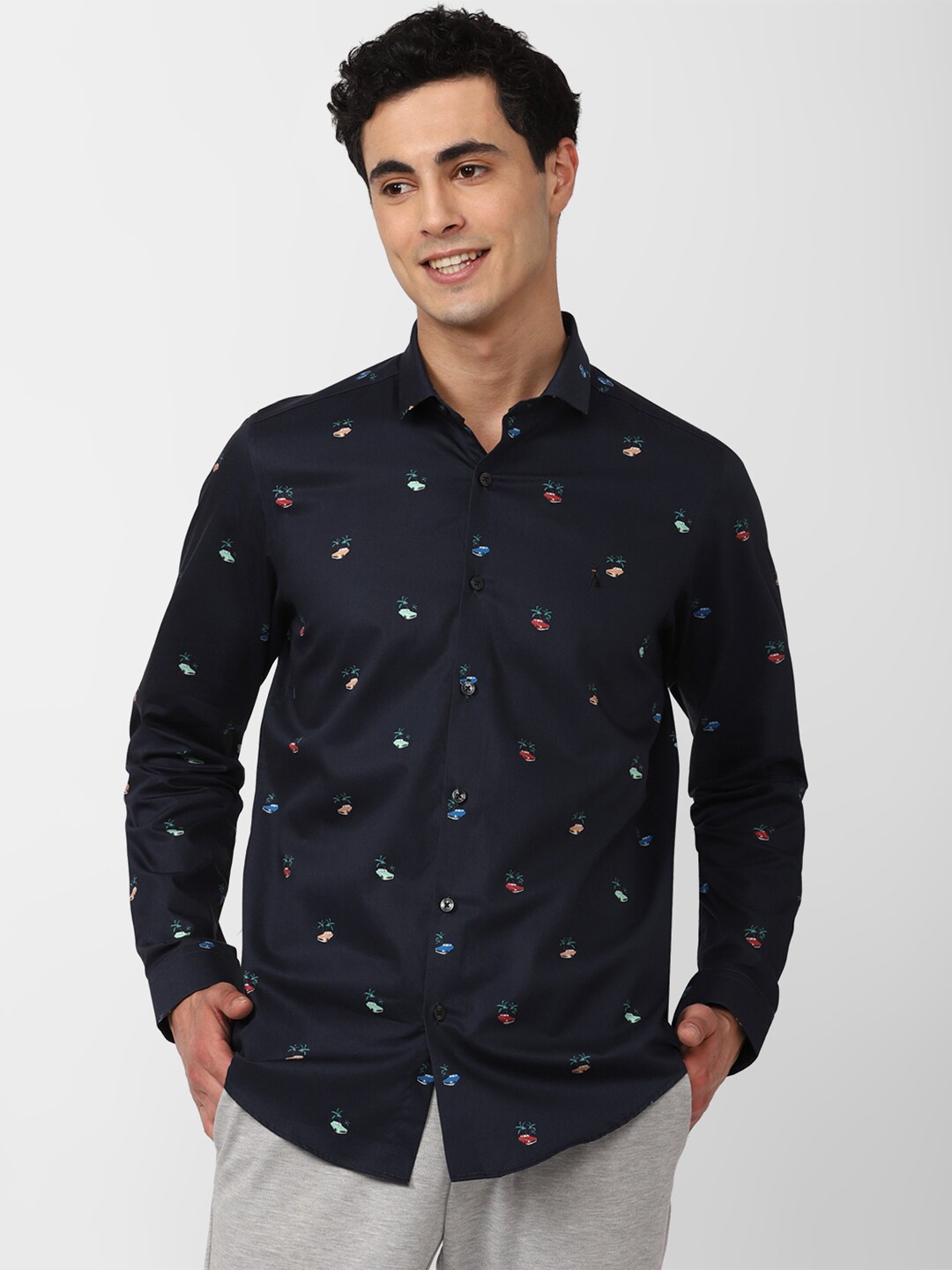 

SIMON CARTER LONDON Slim Fit Conversational Printed Pure Cotton Casual Shirt, Navy blue