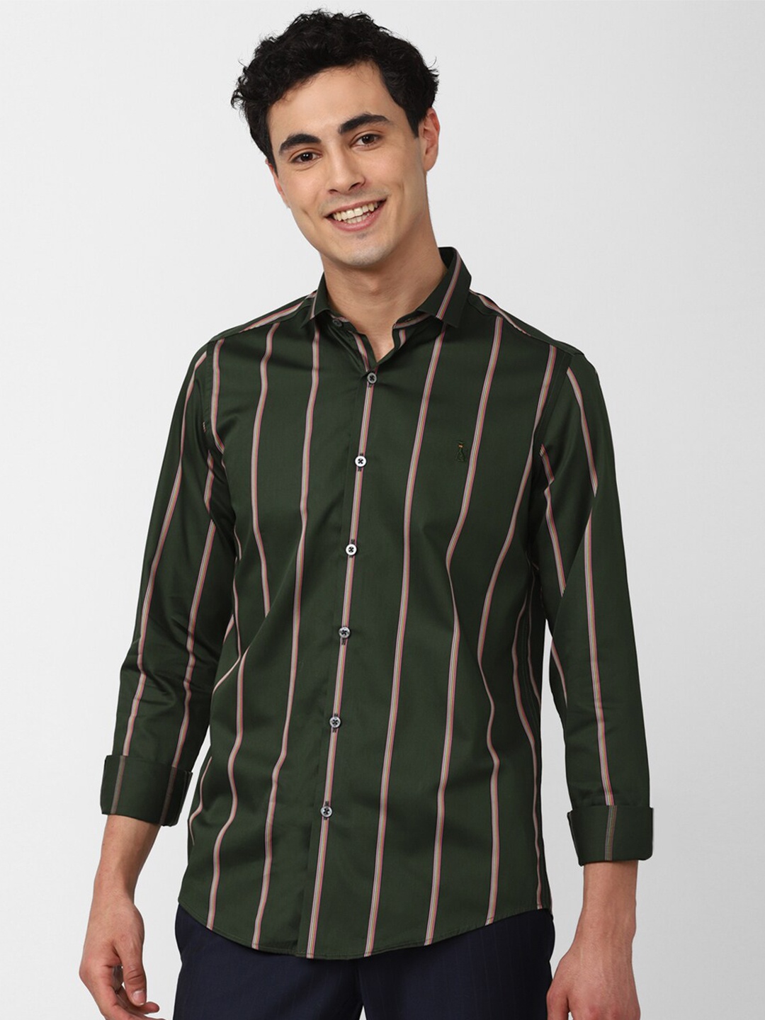 

SIMON CARTER LONDON Slim Fit Multi Striped Opaque Casual Pure Cotton Shirt, Green