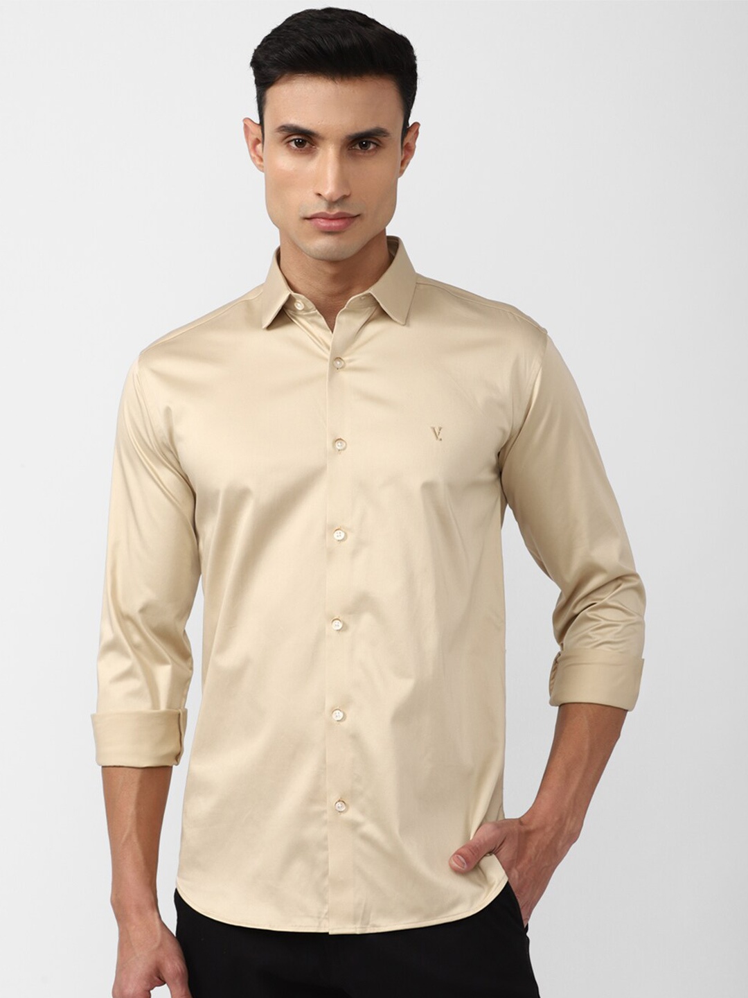 

V Dot Slim Fit Spread Collar Opaque Casual Shirt, Beige