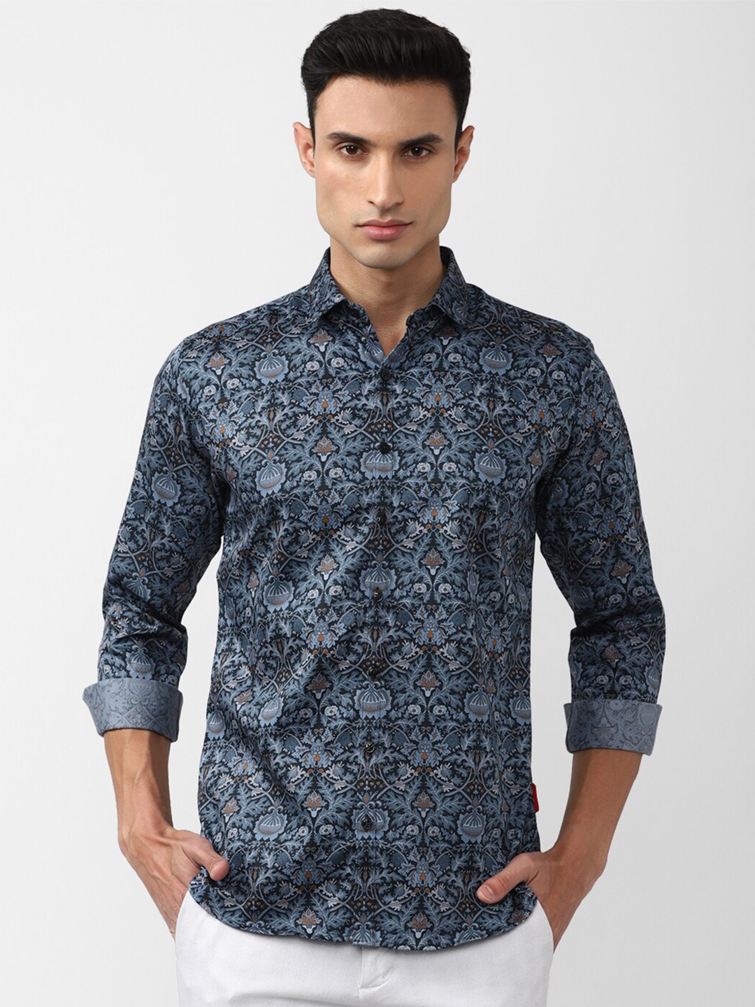 

V Dot Slim Fit Floral Printed Pure Cotton Casual Shirt, Blue