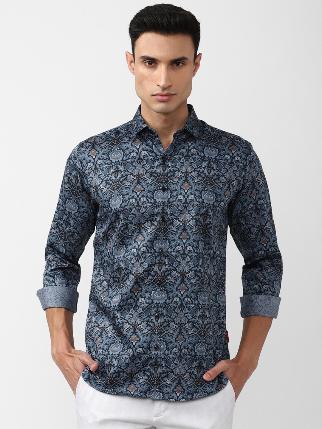 

V Dot Slim Fit Floral Printed Pure Cotton Casual Shirt, Blue