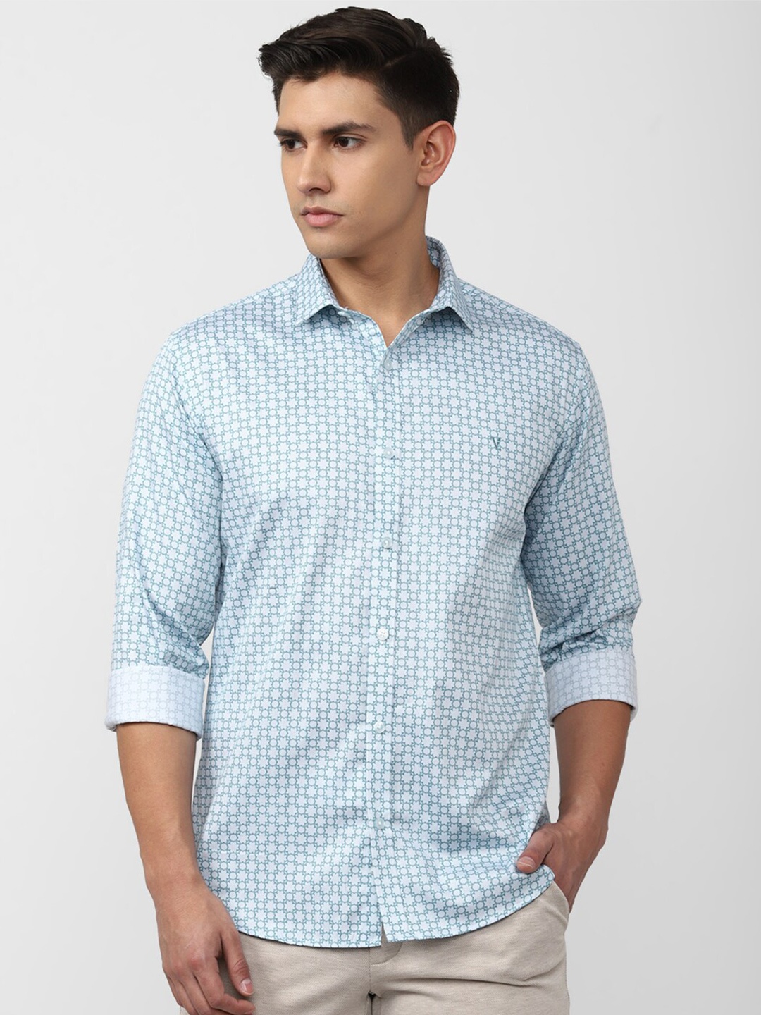 

V Dot Slim Fit Geometric Printed Opaque Casual Pure Cotton Shirt, Blue