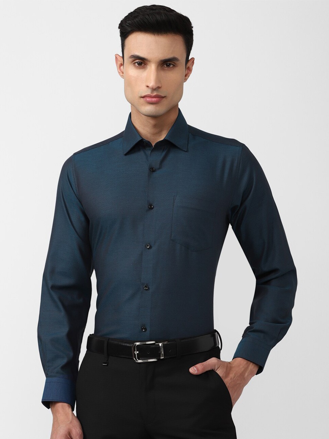 

Van Heusen Self Design Spread Collar Pure Cotton Formal Shirt, Teal