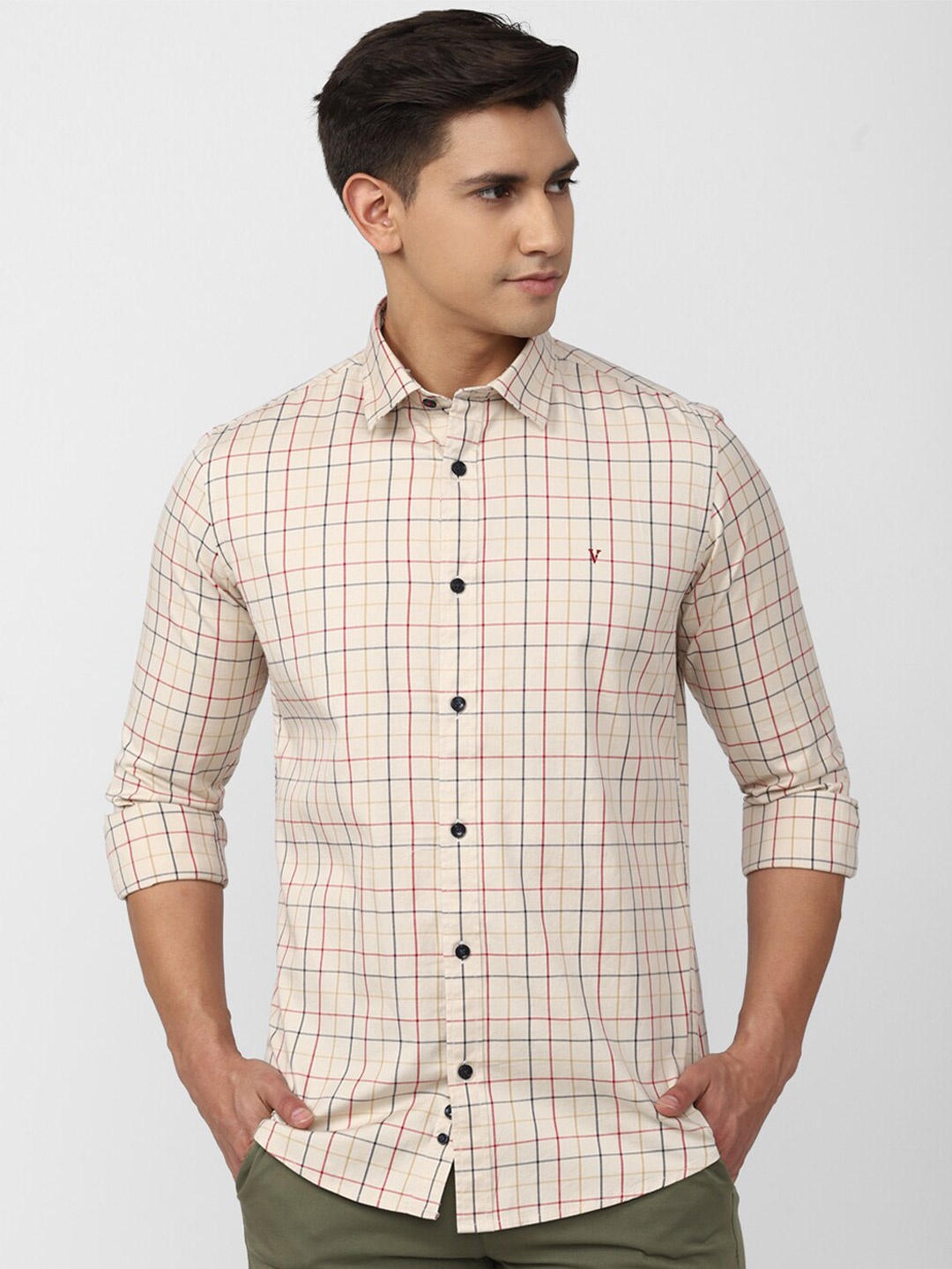 

Van Heusen Sport Slim Fit Tartan Checks Checked Casual Shirt, Cream