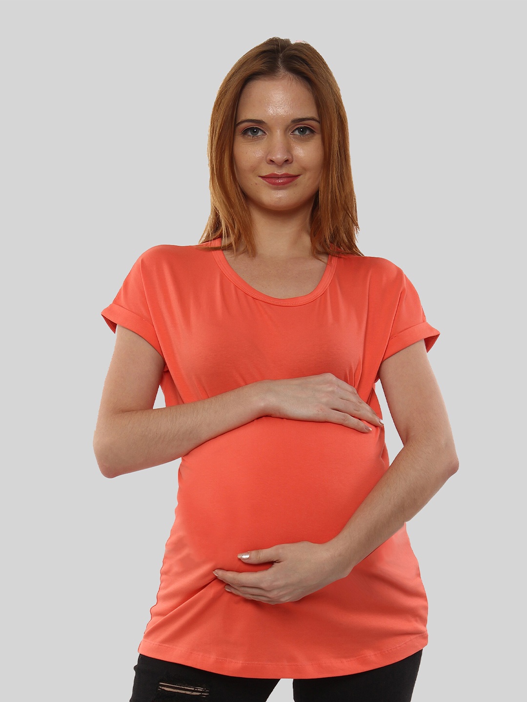 

SillyBoom Maternity Round Neck Cotton T-shirt, Orange