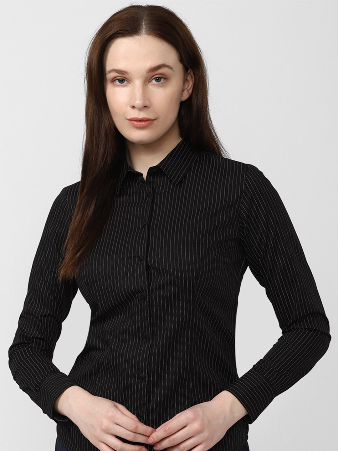 

Van Heusen Woman Striped Spread Collar Opaque Formal Shirt, Black