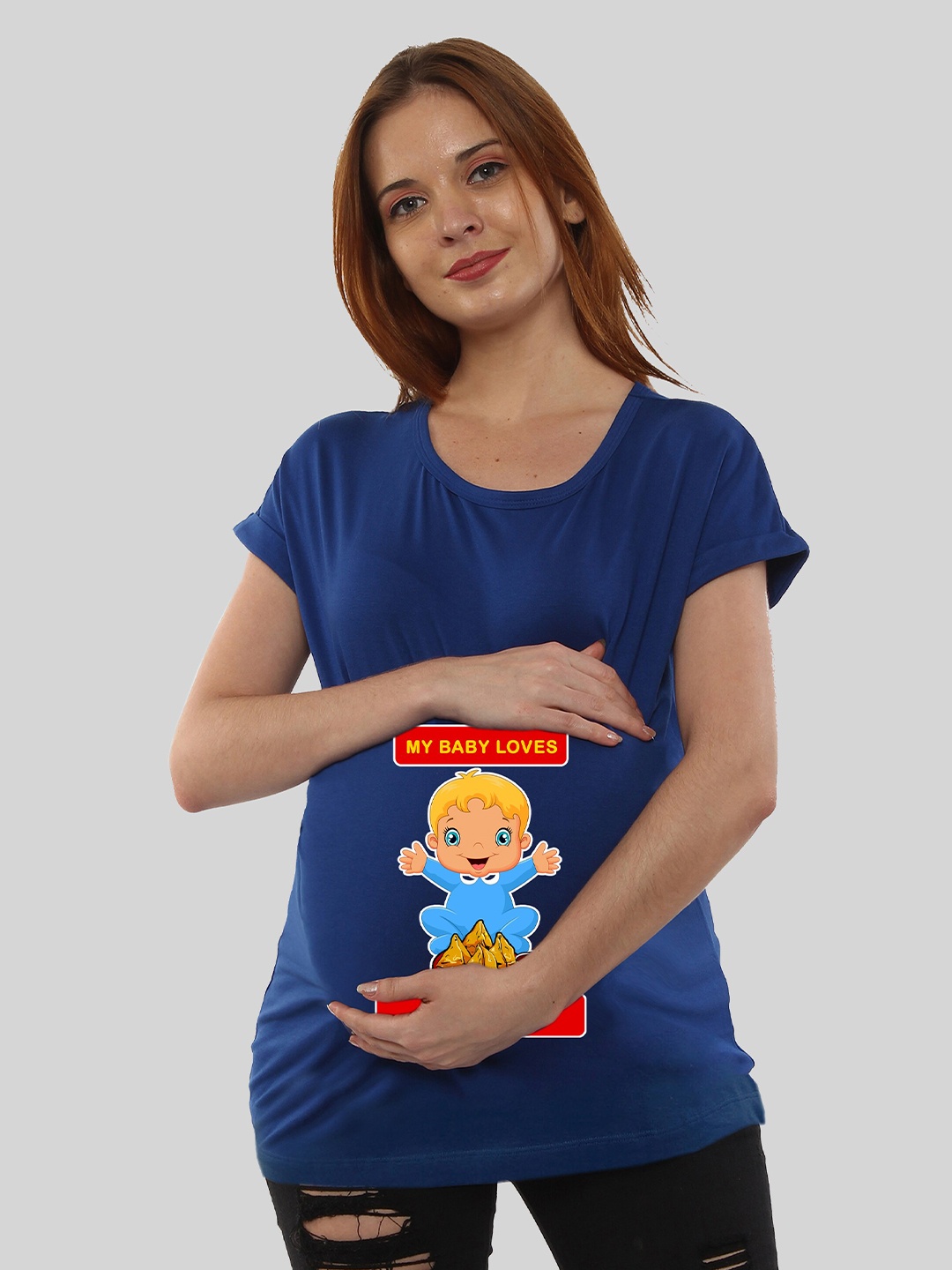 

SillyBoom Maternity Graphic Printed Round Neck Cotton T-shirt, Blue