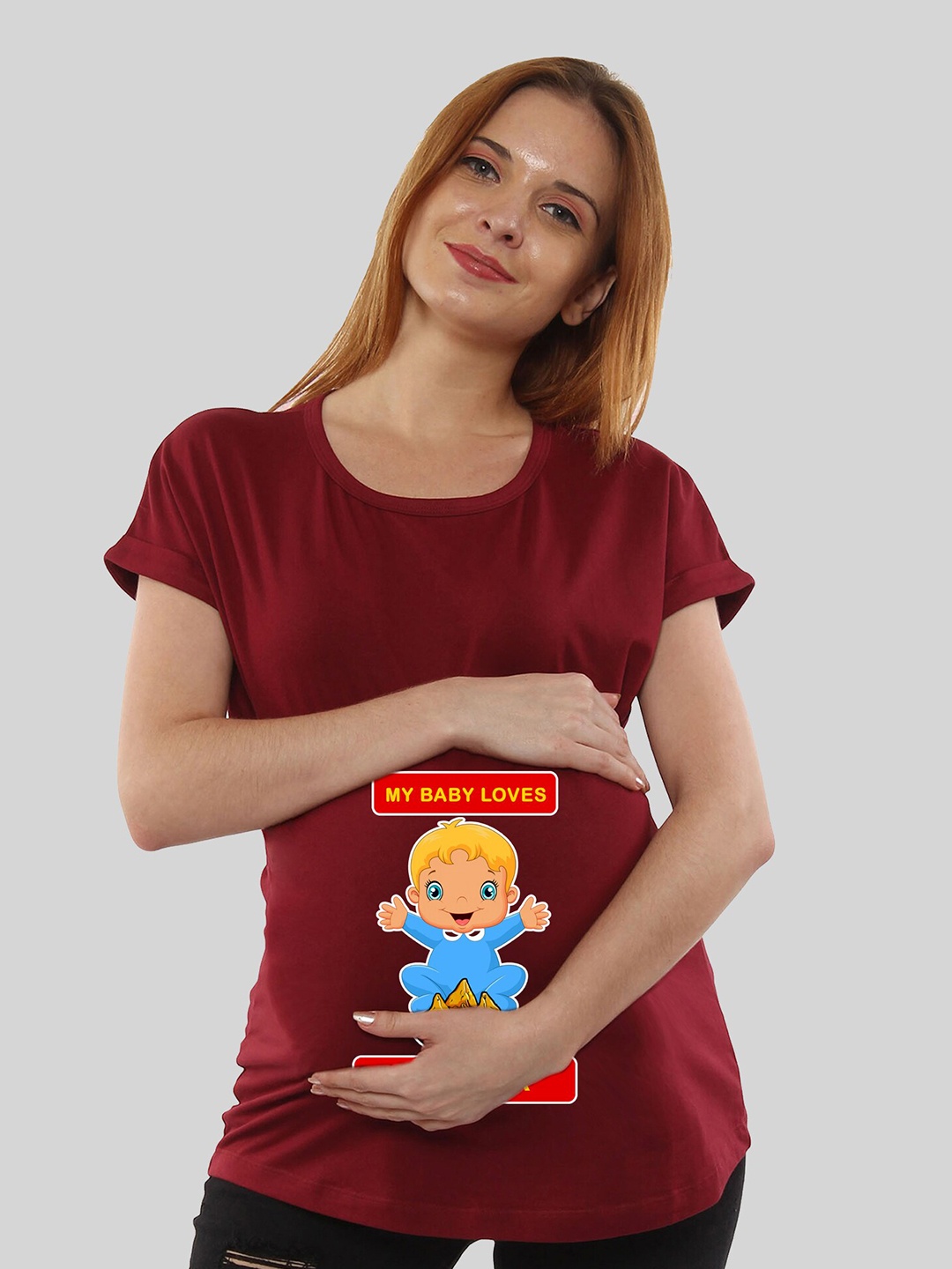 

SillyBoom Maternity Graphic Printed Round Neck Cotton T-shirt, Maroon
