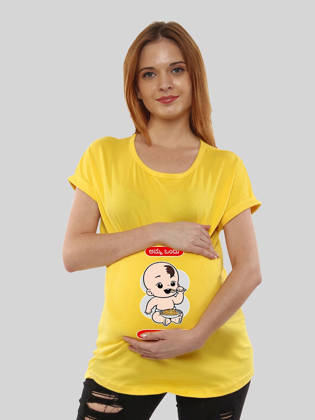

SillyBoom Graphic Printed Extended Sleeves Cotton Maternity T-shirt, Yellow