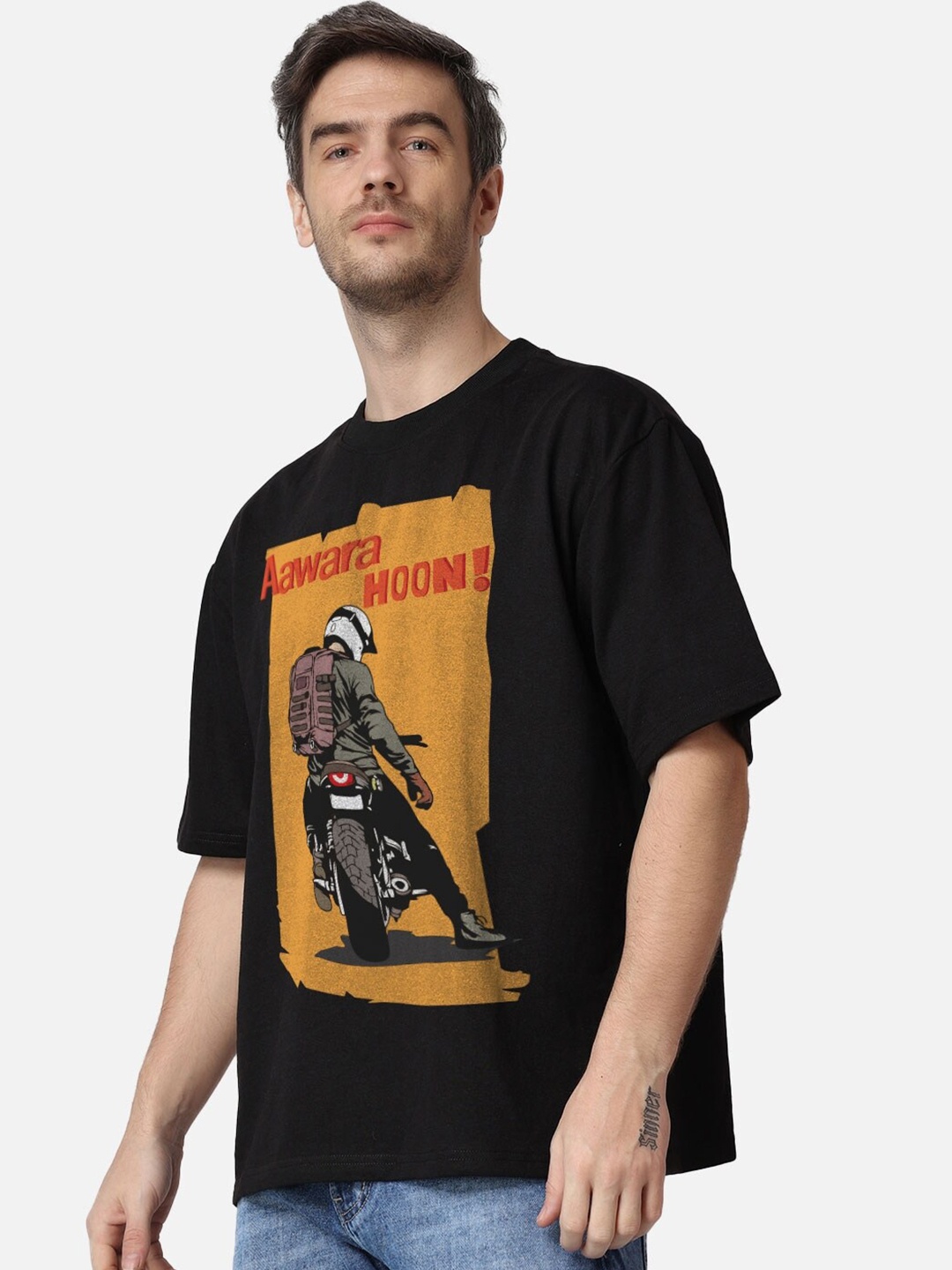 

The Label Bar Biker Printed Drop-Shoulder Sleeves Cotton Oversized Fit T-shirt, Black