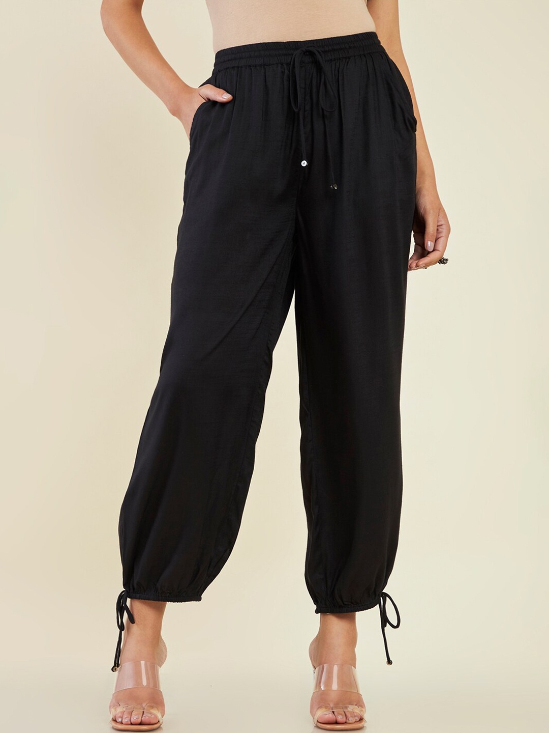 

Soch Women Flat-Front Mid-Rise Joggers Trousers, Black