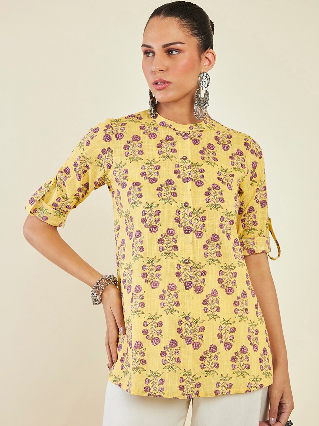 

Soch Floral Printed Mandarin Collar Cotton Tunic, Mustard