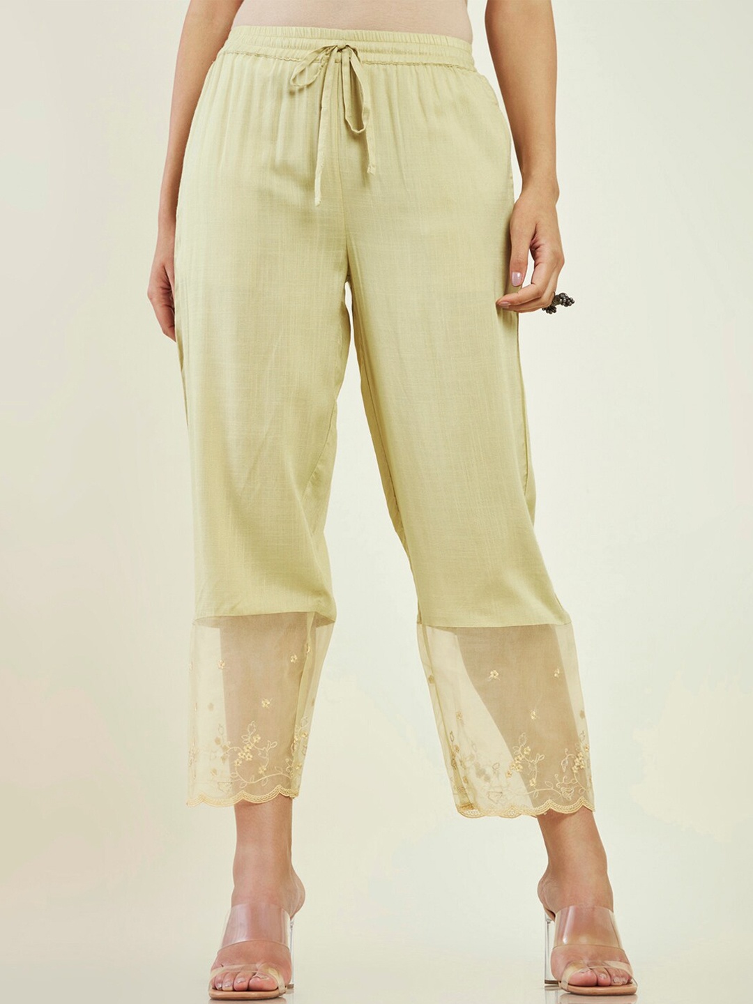 

Soch Women Floral Hem Design Straight Ethnic Trousers, Beige