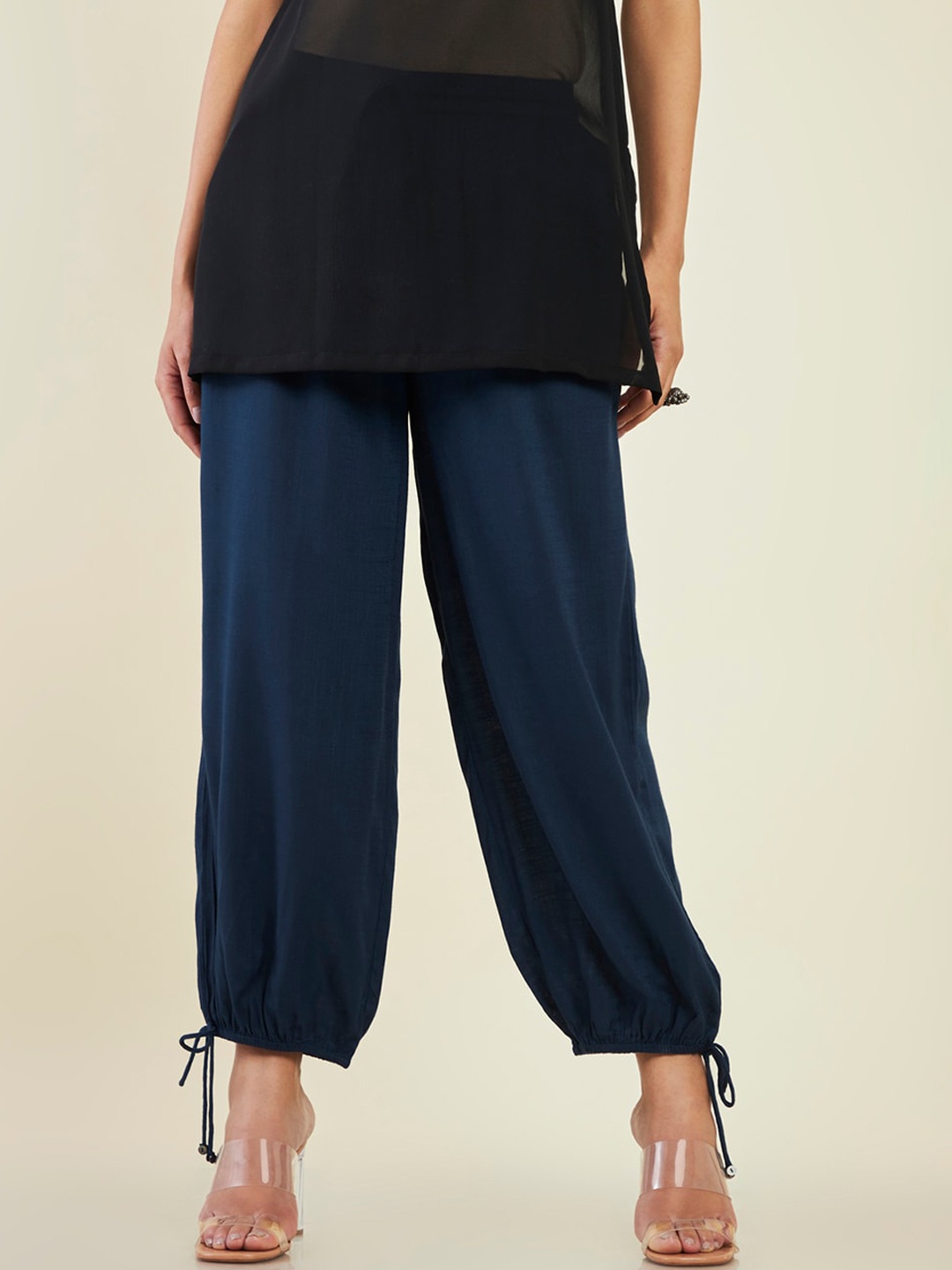

Soch Women Flat-Front Mid-Rise Joggers Trousers, Navy blue