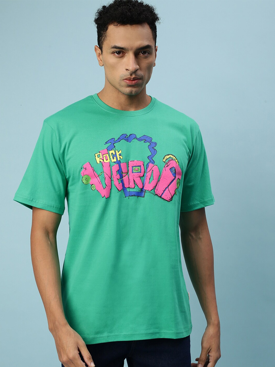 

VEIRDO Typography Printed Cotton Oversized Fitted T-shirt, Green