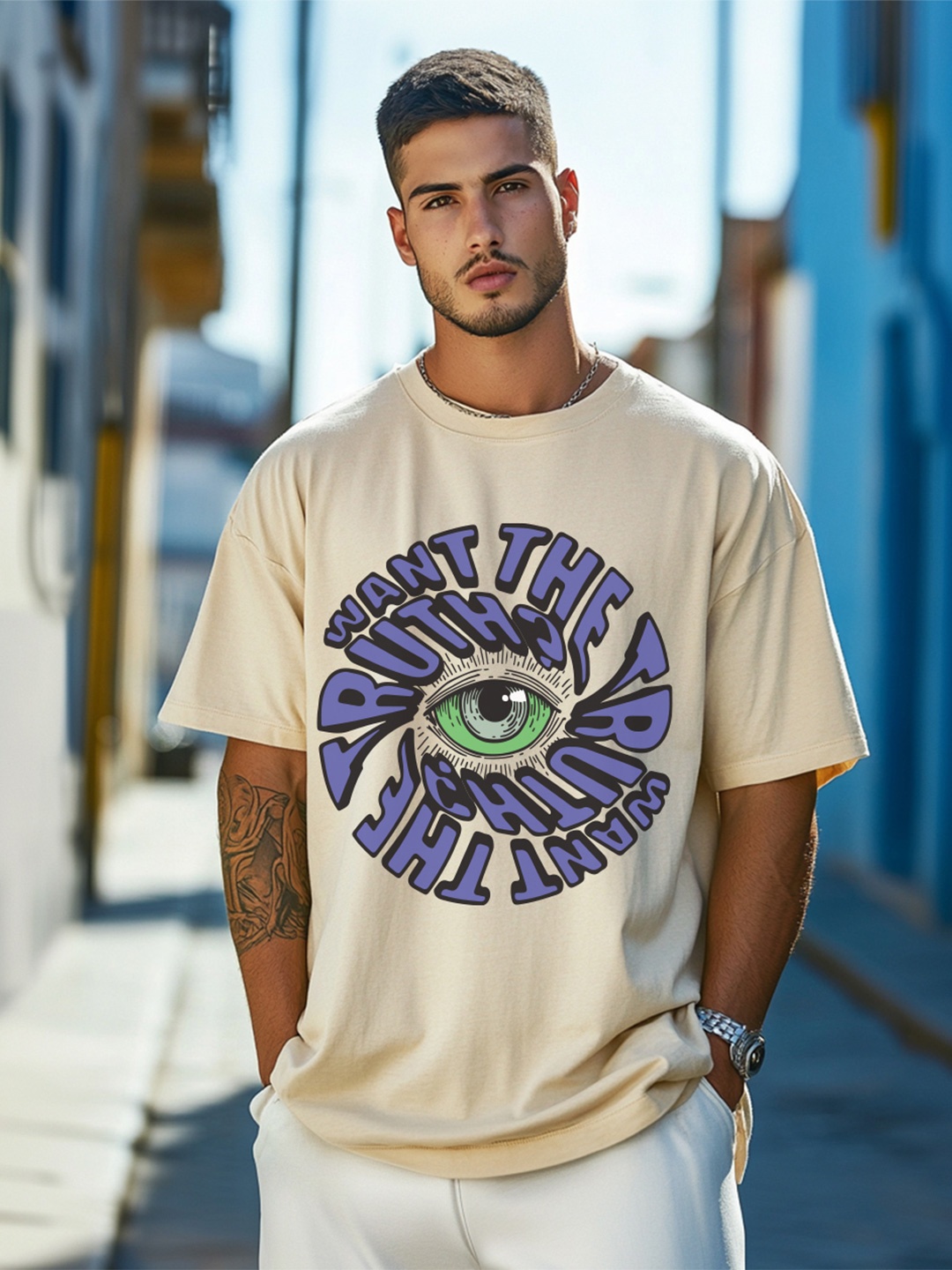

VEIRDO Typography Printed Cotton Oversized Fitted T-shirt, Beige
