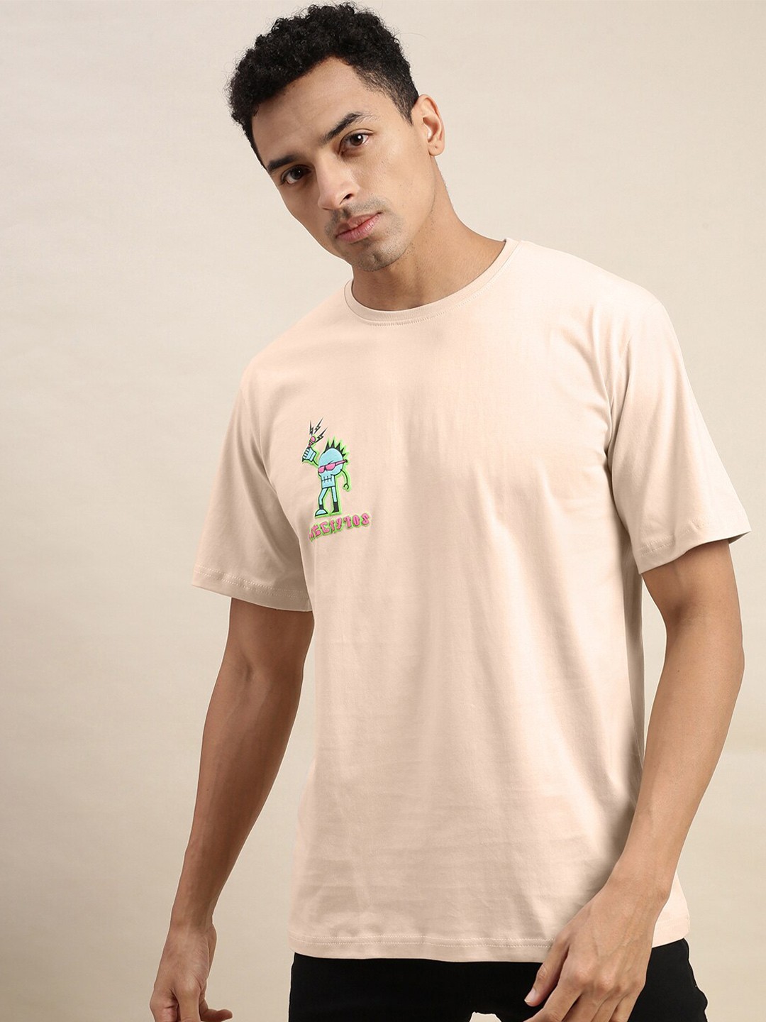 

VEIRDO Round Neck Cotton Oversized Fitted T-shirt, Beige