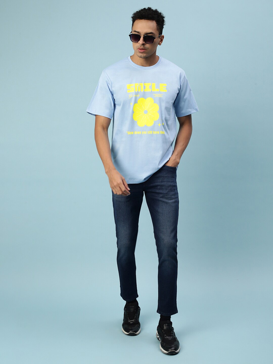 

VEIRDO Typography Printed Oversized Fit Cotton T-shirt, Blue