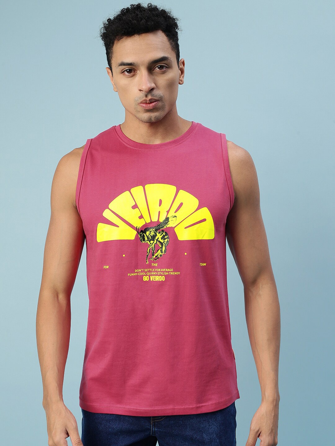 

VEIRDO Sleeveless Typography Printed Cotton T-shirt, Magenta