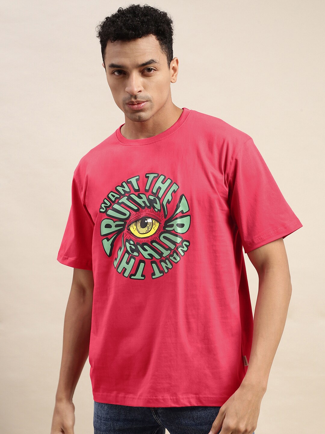 

VEIRDO Typography Printed Oversized Fit Cotton T-shirt, Magenta