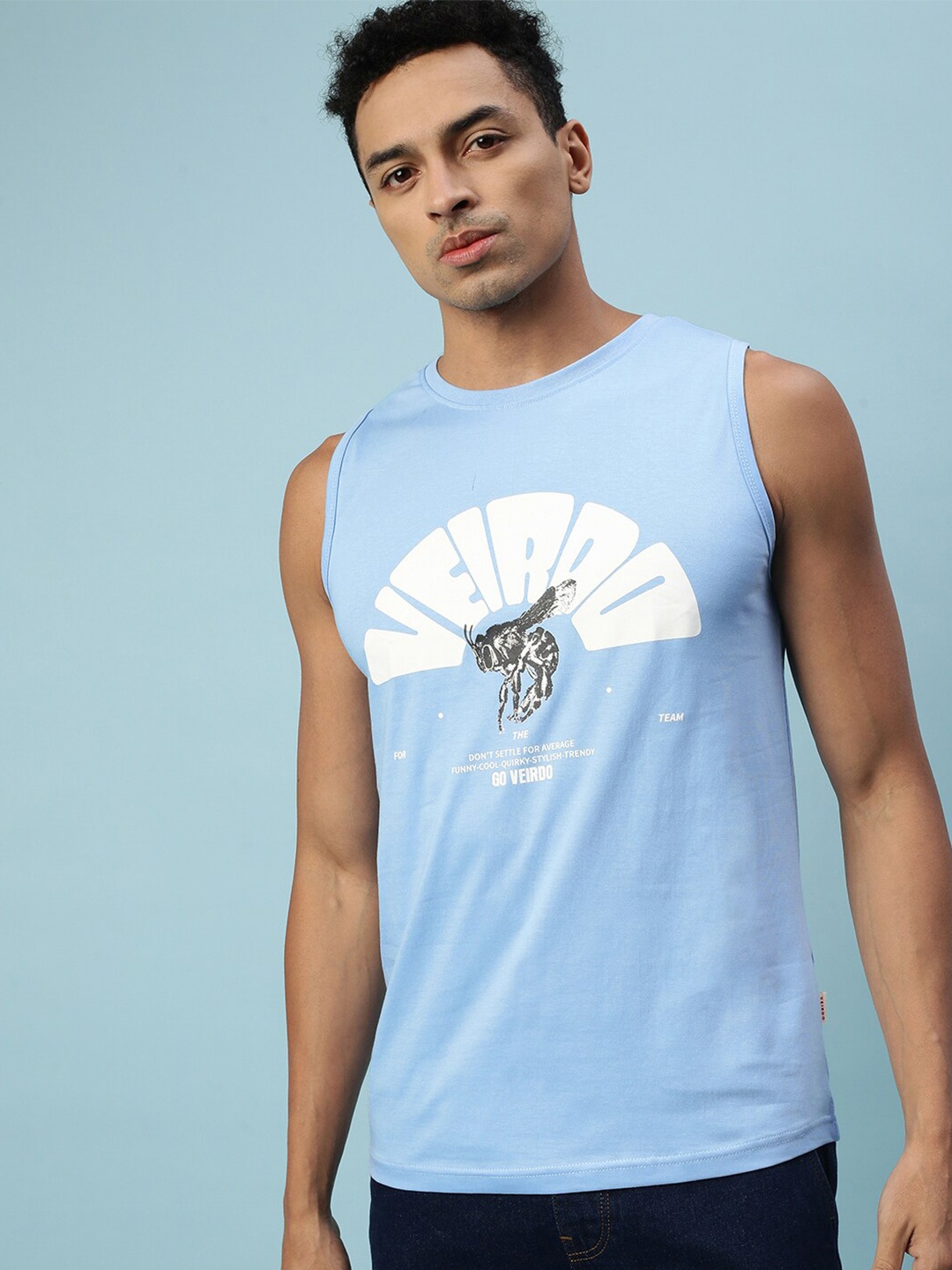 

VEIRDO Sleeveless Typography Printed Cotton T-shirt, Turquoise blue