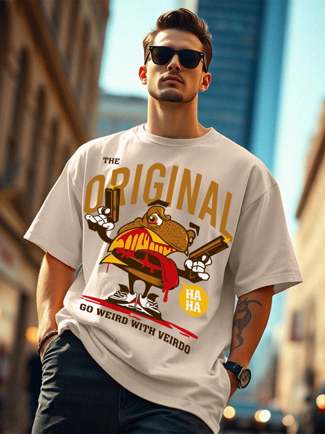 

VEIRDO Graphic Printed Oversized Fit Cotton T-shirt, Beige