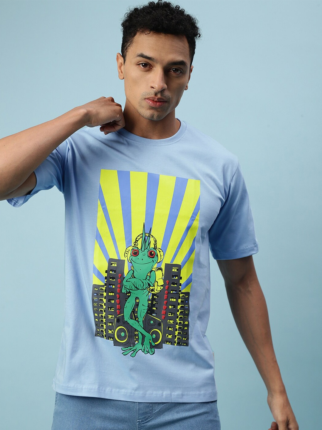 

VEIRDO Turquoise Blue& Green Graphic Printed Cotton Oversize Fit T-shirt