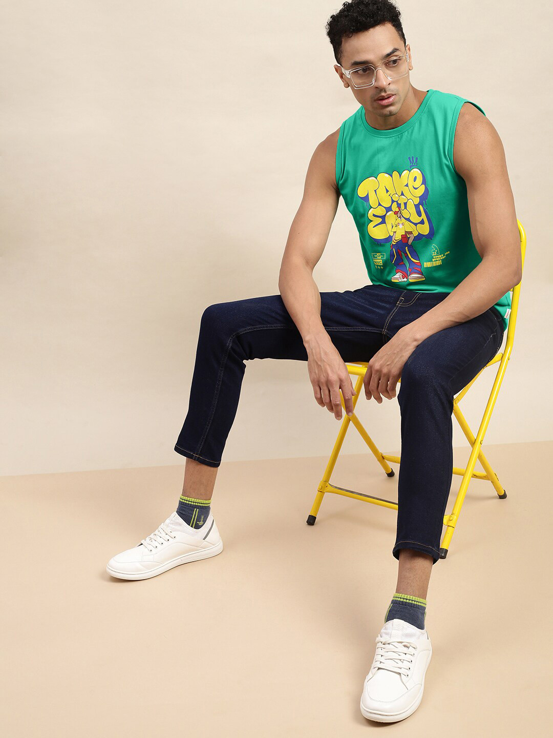 

VEIRDO Mint Green & Yellow Typography Printed Cotton T-shirt, Lime green