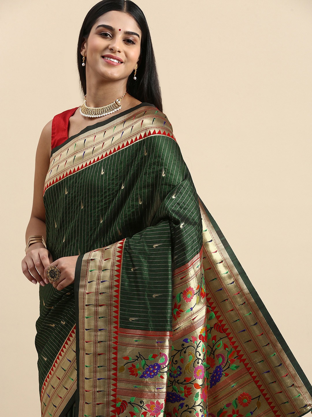 

VASTRANAND Ethnic Motifs Zari Paithani Saree, Green