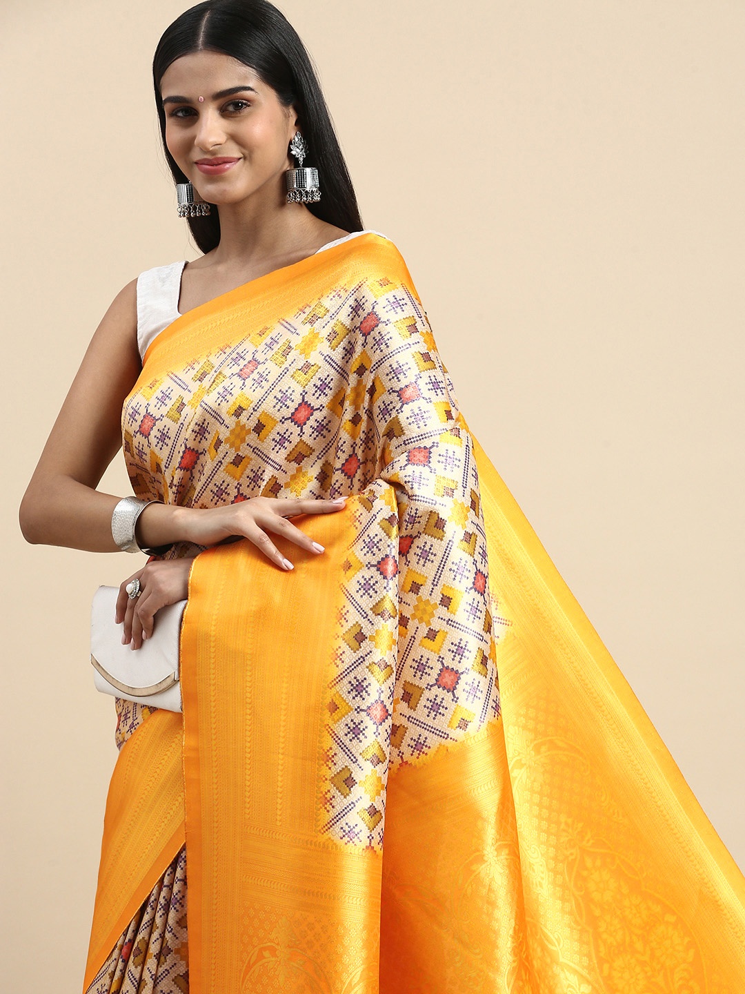 

VASTRANAND Geometric Printed Zari Patola Saree, Yellow