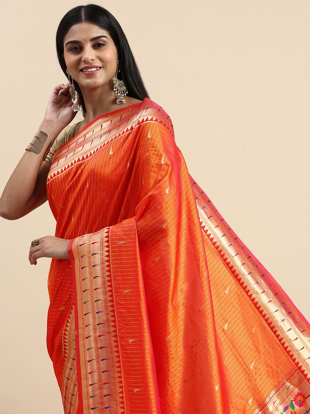 

VASTRANAND Ethnic Motifs Zari Paithani Saree, Orange