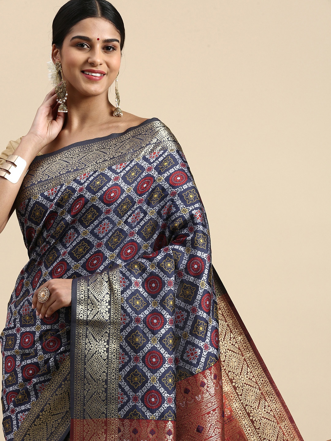 

VASTRANAND Ethnic Motifs Zari Patola Saree, Navy blue