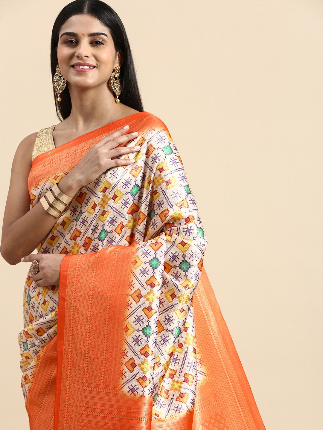 

VASTRANAND Geometric Printed Zari Patola Saree, Orange