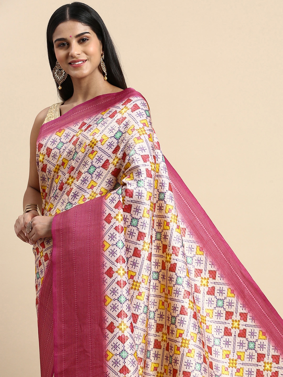 

VASTRANAND Geometric Printed Zari Patola Saree, Pink