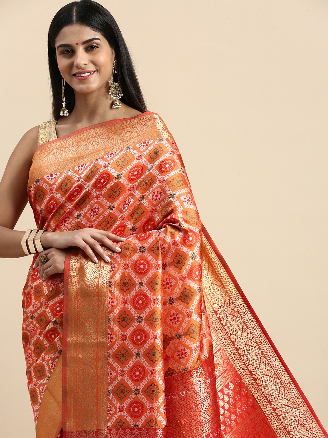 

VASTRANAND Ethnic Motifs Zari Patola Saree, Orange