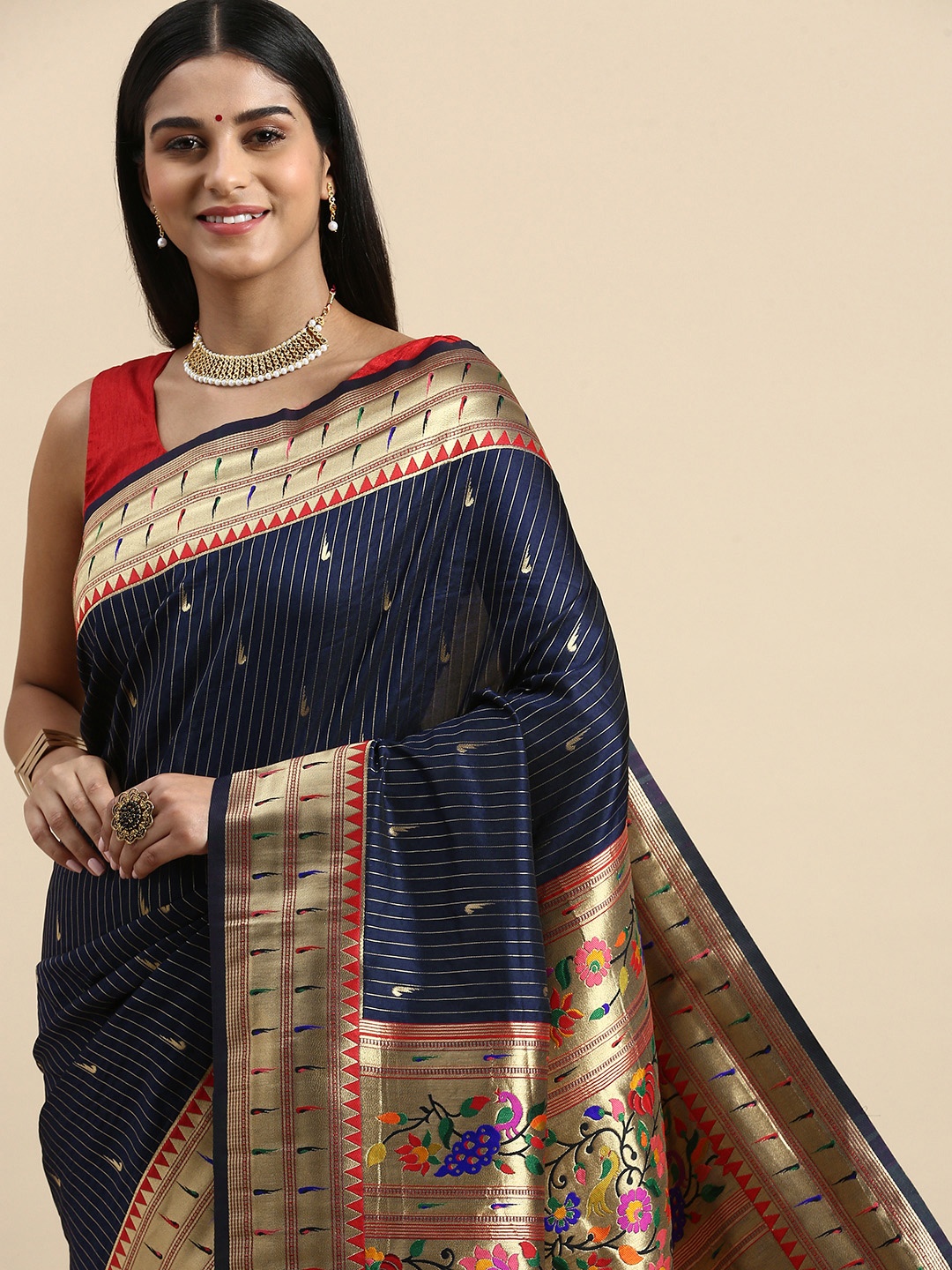 

VASTRANAND Ethnic Motifs Zari Silk Blend Paithani Saree, Navy blue