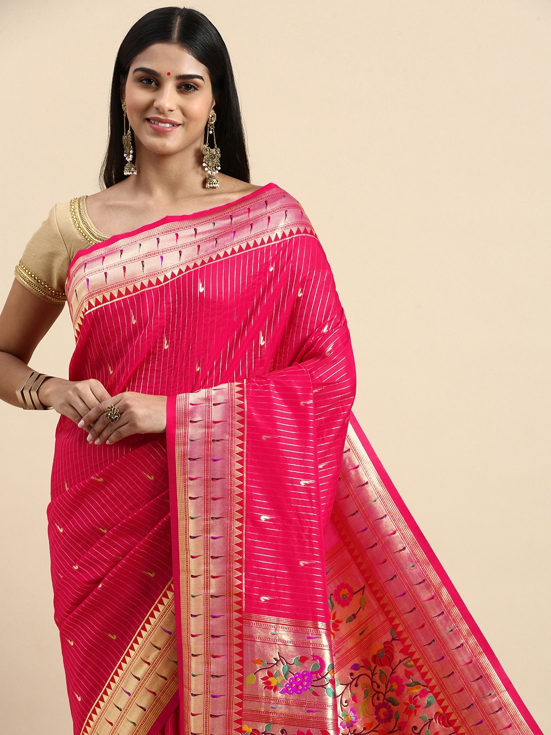 

VASTRANAND Ethnic Motifs Striped Zari Paithani Saree, Pink