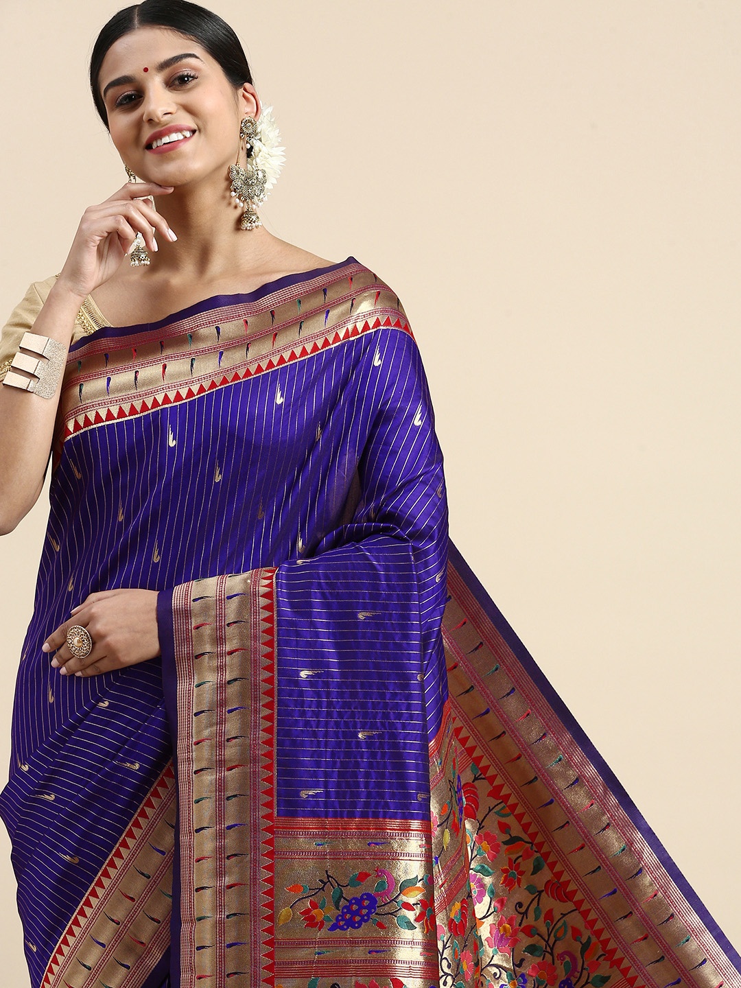 

VASTRANAND Ethnic Motifs Striped Zari Paithani Saree, Blue
