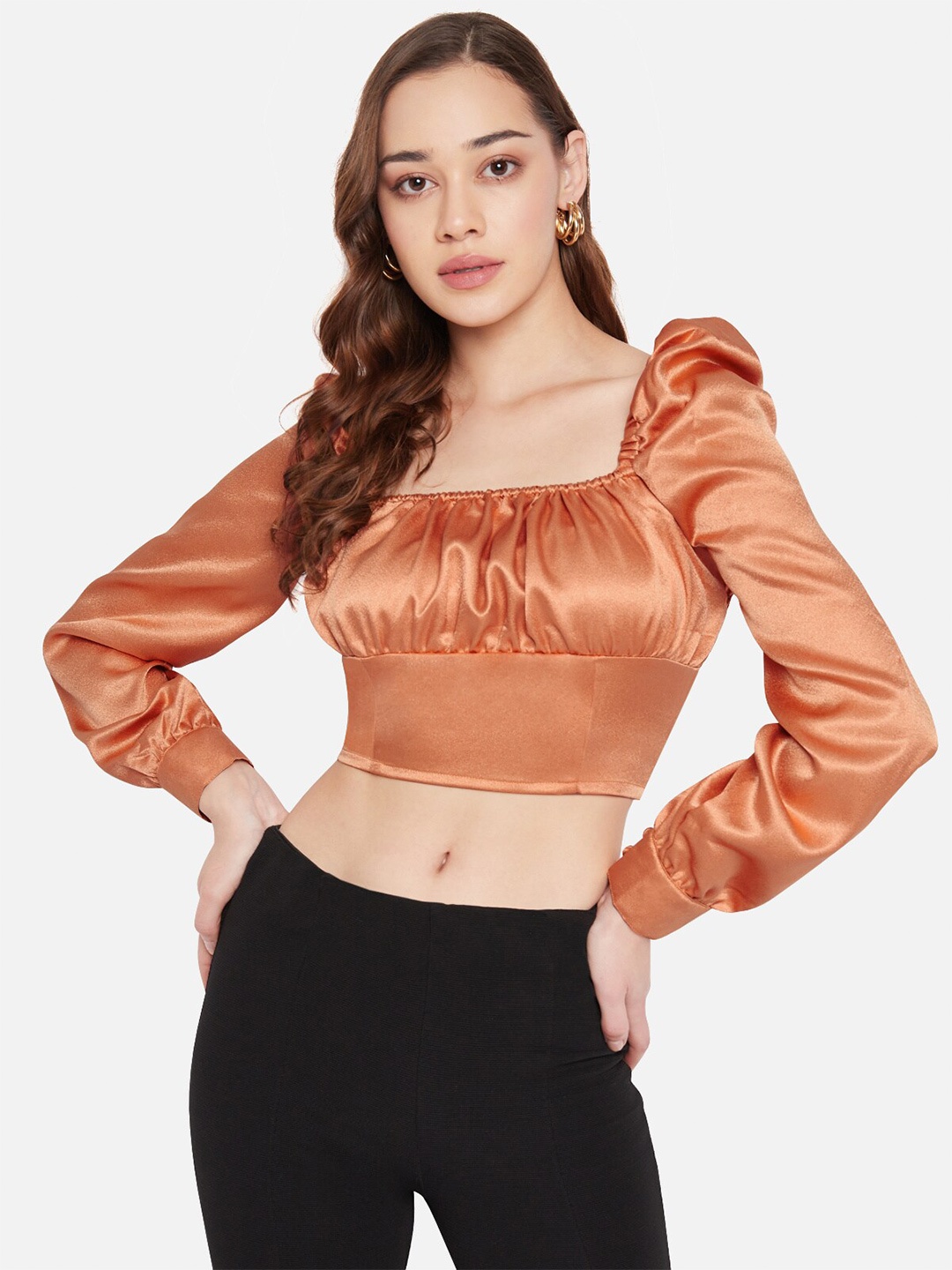 

Martini Ruched Puff Sleeves Satin Crop Top, Orange