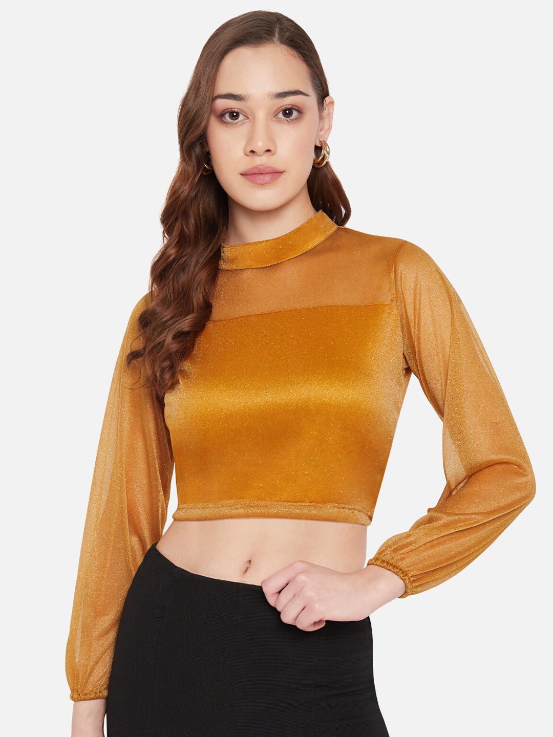 

Martini Embellished Bishop Sleeves Sheer Crop Top, Mustard